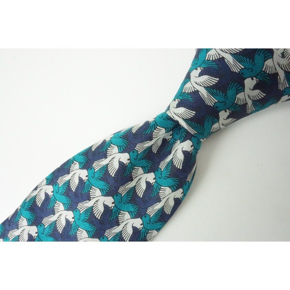 M.C. Escher Blue Teal White Bird Art 100% Silk Tie Made in USA
